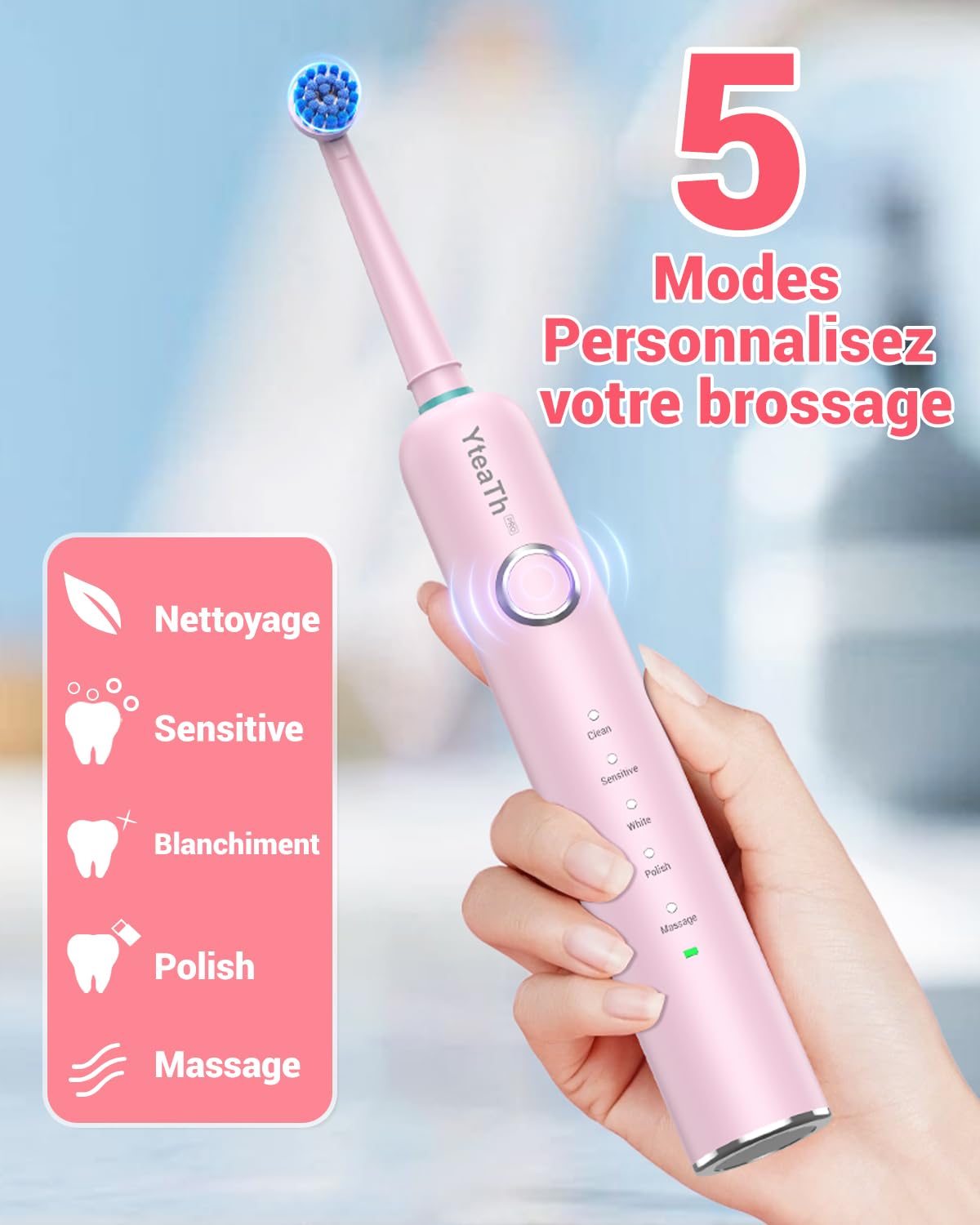 Brosse À Dent Électrique Rotatives pour Adultes - Brosses À Dents Rotatives avec 8 Têtes de Brosse et Étui de Voyage, 5 Modes, Étanche IPX7, Brosse A Dent Electrique de Voyage, Rose