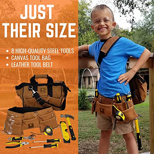 SparkJump Deluxe Kids Tool Set with Real Hand Tools, Durable Water Resistant Canvas Kids Tool Bag, Real Leather Kids Tool Belt Fits Waist 20\"-32\", Kids Real Tool Set for DIY and Home Woodworking