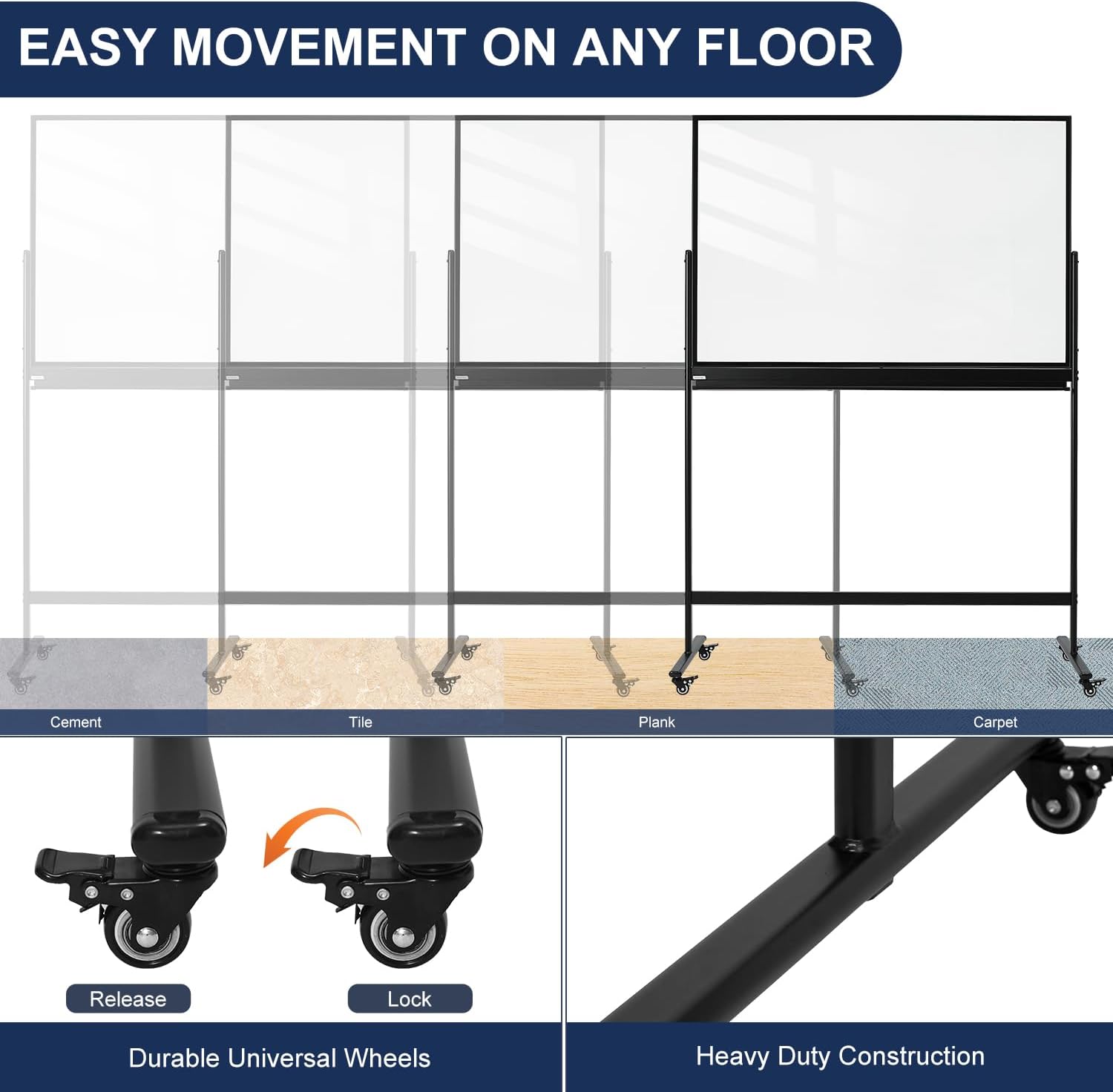 TSJ-OFFICE Rolling Clear-Glass Whiteboard on Wheels - 48" x 32" Mobile Dry Erase Board with Stand, Large Rolling White Board with 25 Sheets Paper Pad, Transparent Tempered Glass Board for Home Office