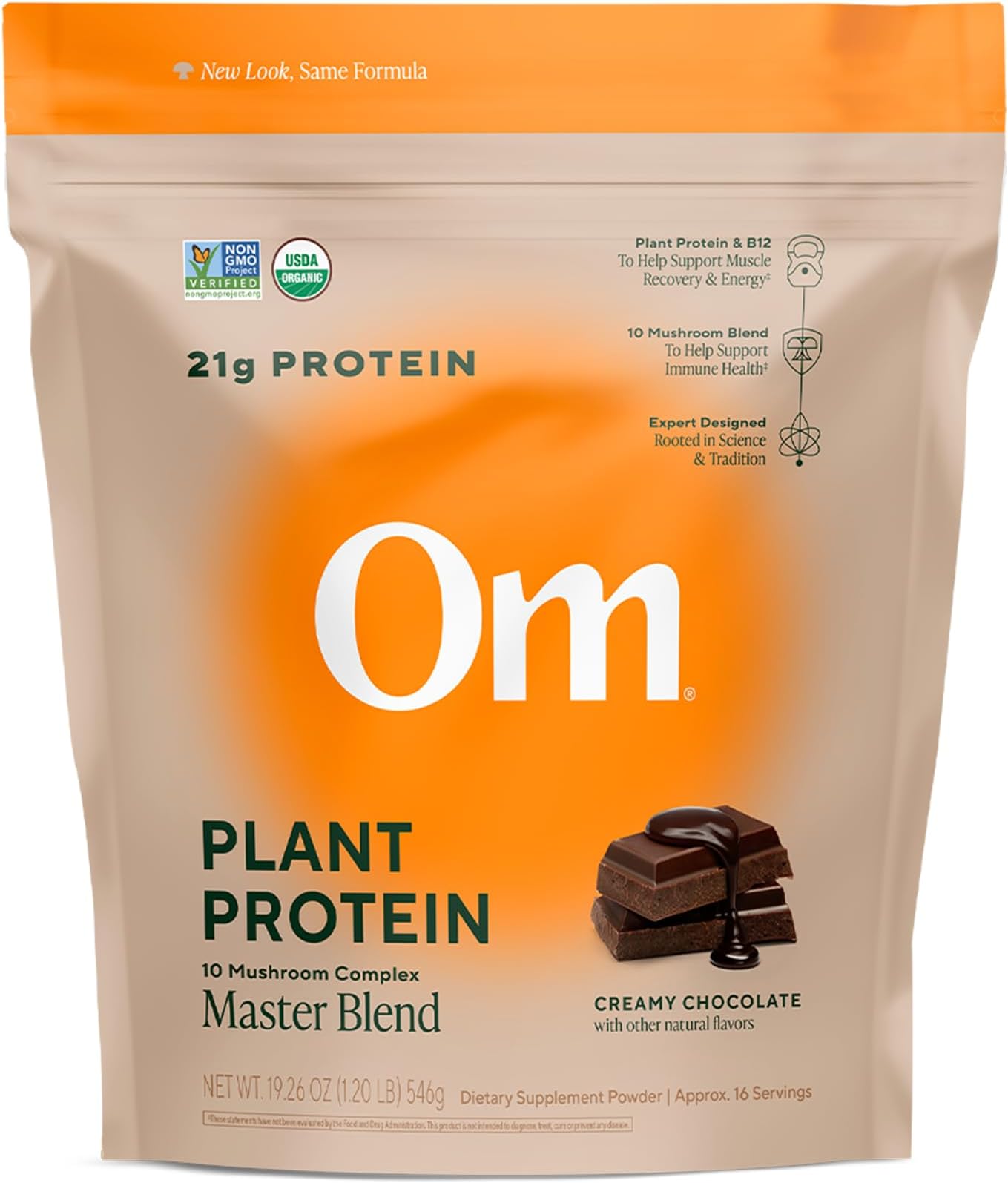 OM MUSHROOM SUPERFOOD Master Blend Vegan Protein – Organic Chocolate Plant Protein with 10 Mushrooms, Ashwagandha, BCAAs & B12 – Energy, Recovery & Immune Support – 1.2 lb (16 Servings)