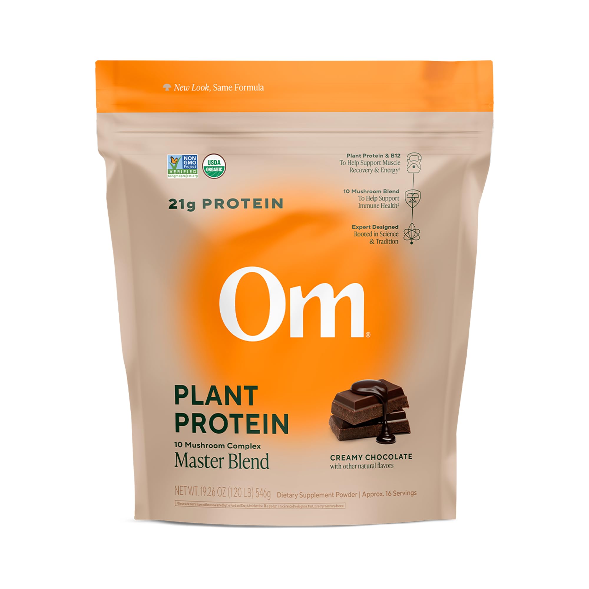 Om Master Blend Vegan Protein Powder, Chocolate, 21g of Plant Protein - Organic Mushroom Supplement with 10 Mushroom Complex, Ashwagandha, BCAAs and Vitamin B12-1.2 lb. (16 Servings)USDA Organic