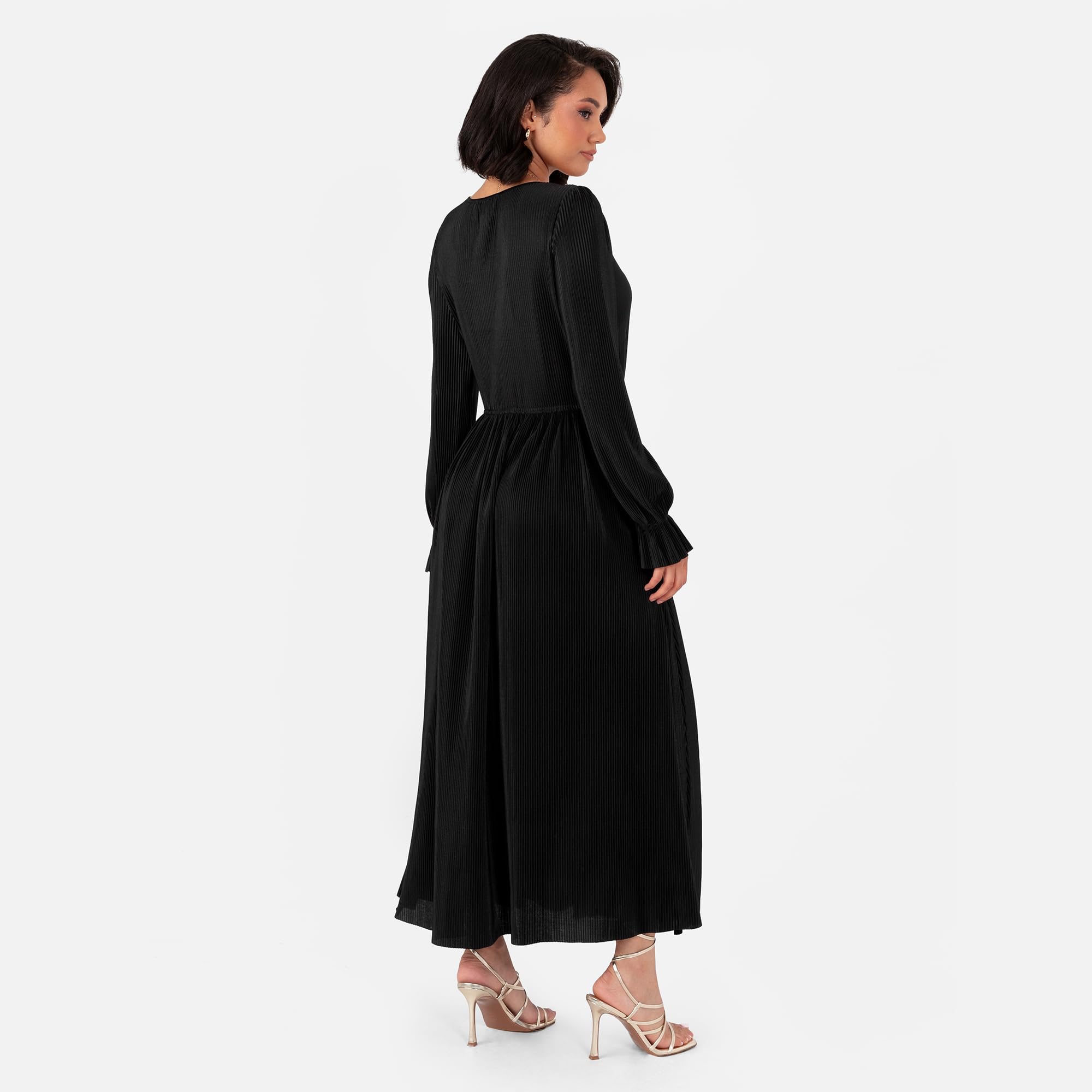 Women's Midaxi Dress Ladies Wrap V-Neck Long Sleeve Ruffle Cuff A-line Plissé Evening Occasion Wedding Guest