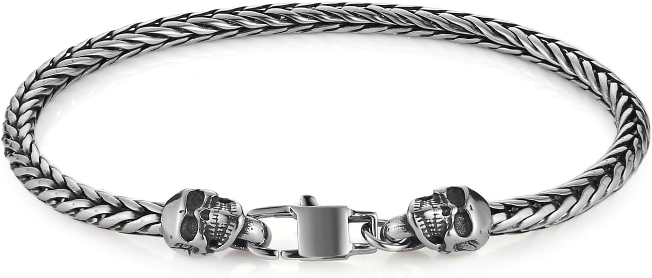 HZMAN 8.5In Rope Chain Bracelet for Men Women Goth Stainless Steel Skull/Feather Carving Link Bracelet