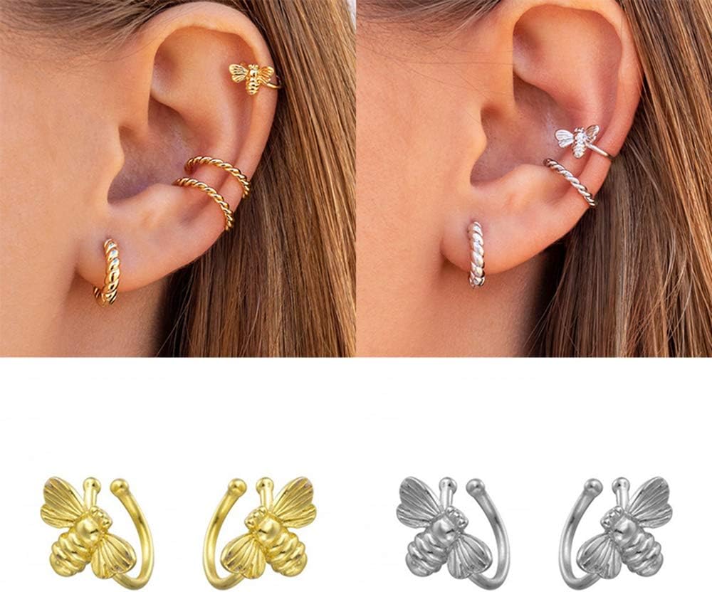 Cute Bee Ear Cuff Wrap Earrings S925 Sterling Silver for Women Minimalist No Piercing Fake Helix Cartilage Cuffs Earring Huggie Hoops Studs Fashion Jewelry Sensitive Ears