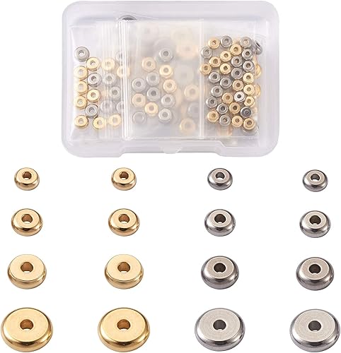 Miniatura 5 de Pandahall 120 cuentas planas redondas de acero inoxidable, 4 tamaños de bola de disco de metal, cuentas sueltas, para pulsera, collar, joyería