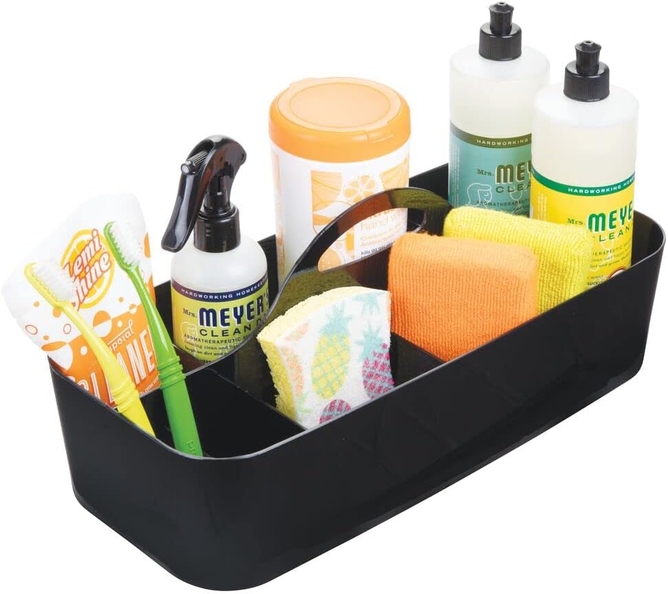 mDesign Large Plastic Divided Portable Storage Organizer Caddy Tote Bin with Handle for Kitchen - Holds Cleaning Supplies, Window Cleaner, Dust Cloths, Sponges - Lumiere Collection - Black