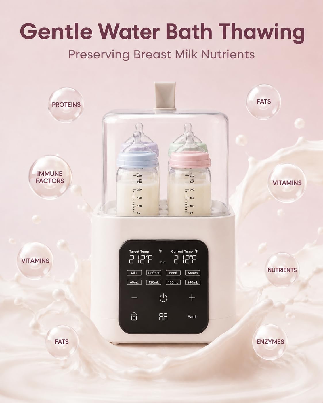 6-in-1 Baby Bottle Warmer & Sterilizer, Digital Touch Screen Fast Milk Warmer, Defroster & Baby Food Heater, Dual Temp Control with Steam Sterilization, 200W, BPA-Free, Fits 4 Bottles.