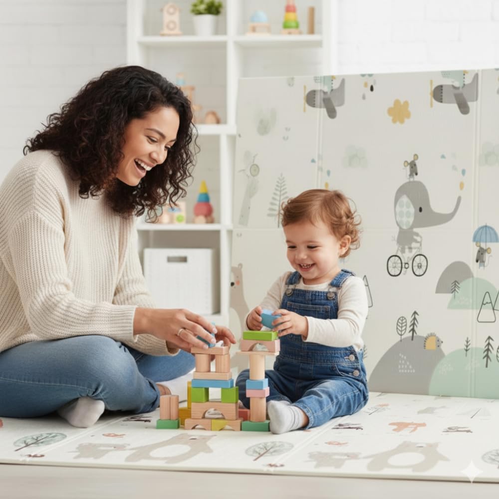 Tapete Infantil Dobrável Térmico e Emborrachado 150x200cm 8mm – Tapete de Atividades Bebê Antiderrapante Impermeável Tatame Isolante para Criança Grande Macio Dupla Face + Bolsa de Transporte (Urso)