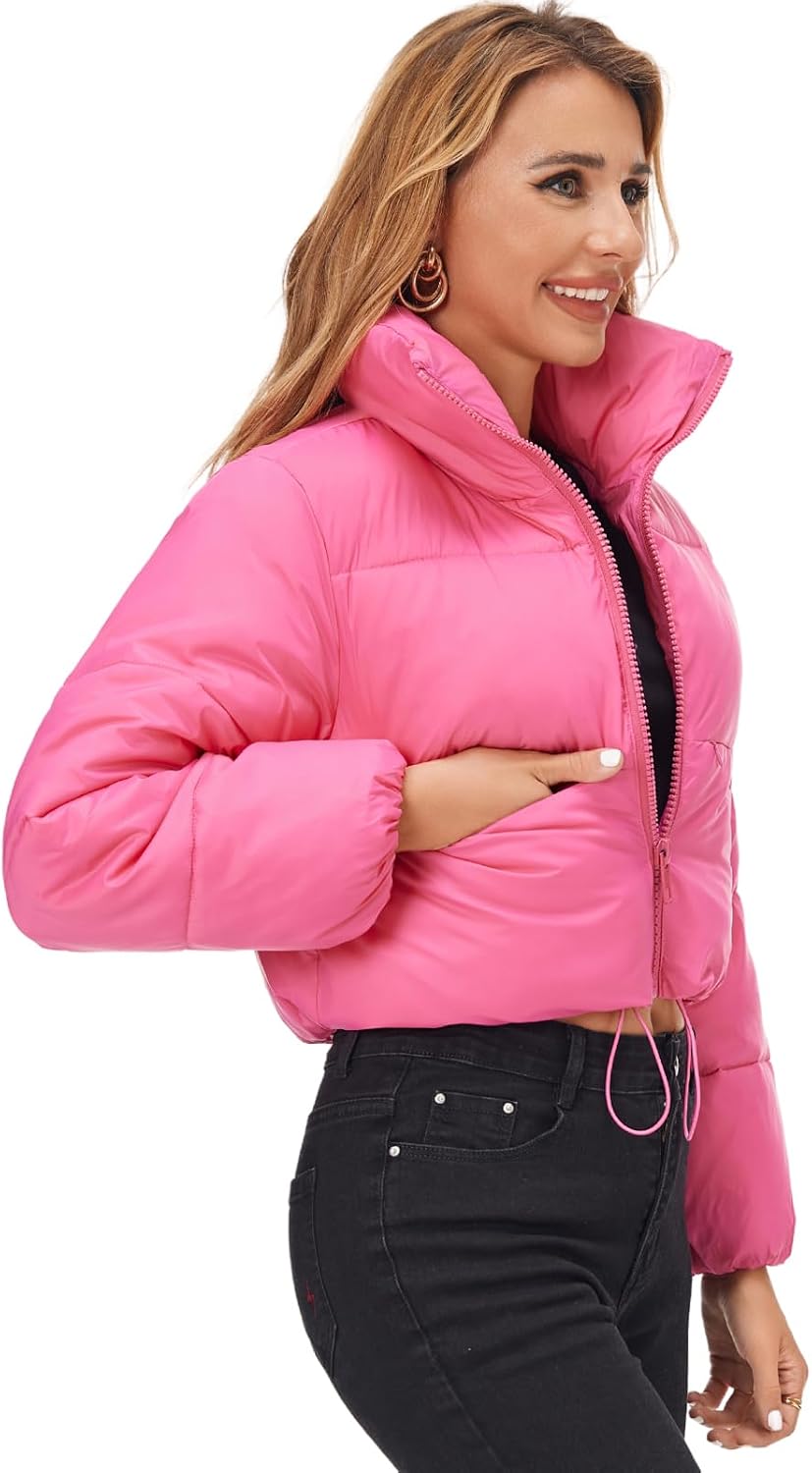 Fuinloth Womens Crop Puffer Jacket Lightweight Stand Collar Zip Long Sleeve | Polyamide shell, polyester fill, 2 zip pockets, long sleeves. Lightweight quilted cropped coat for fall winter. Machine wash.