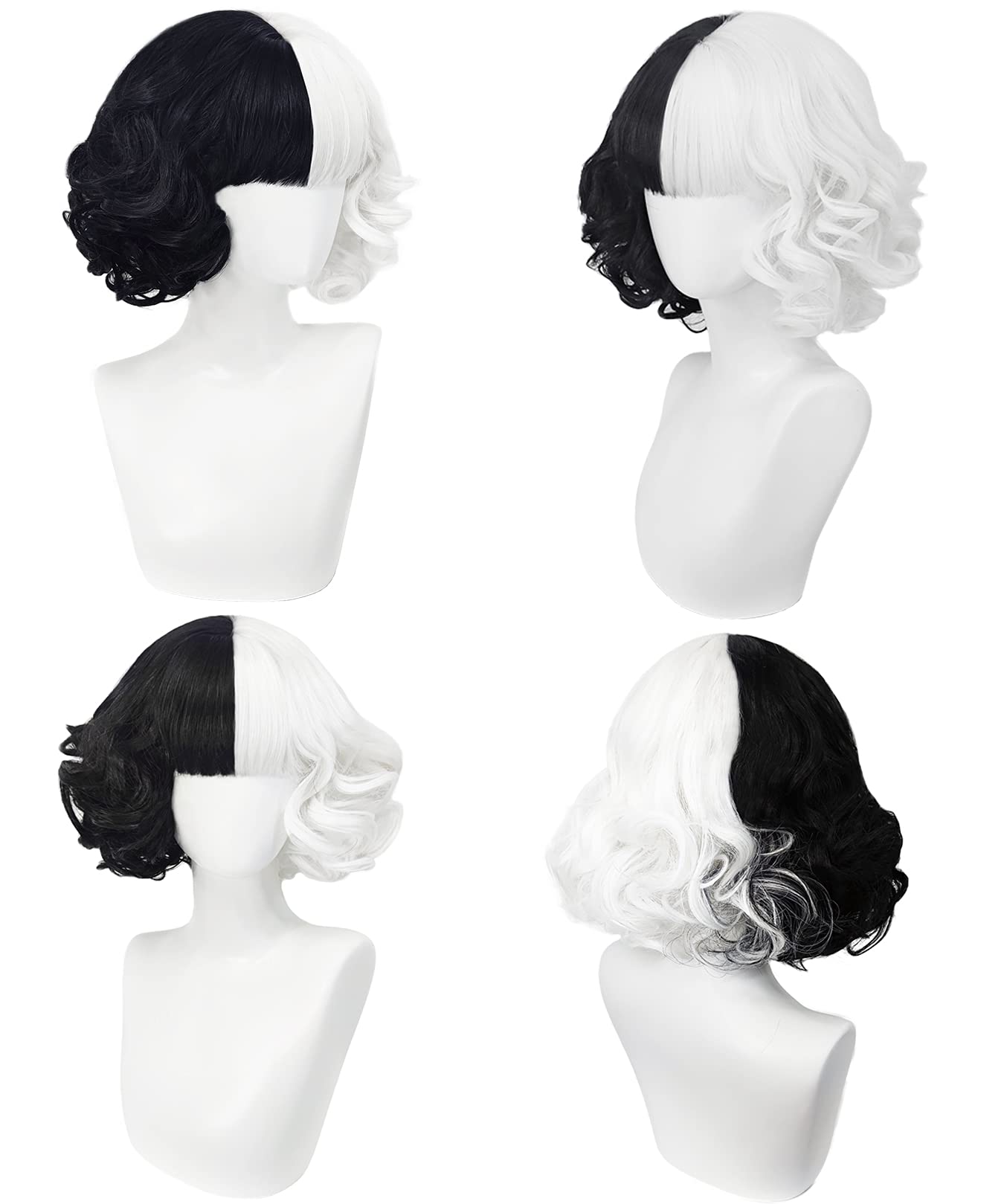 shecool Cruella Deville Wig Costume Women Cosplay Wigs with Future Mask Black and White Wig with Bangs Cute Fashion Wigs for Cruella Halloween Cosplay Party SL013BW