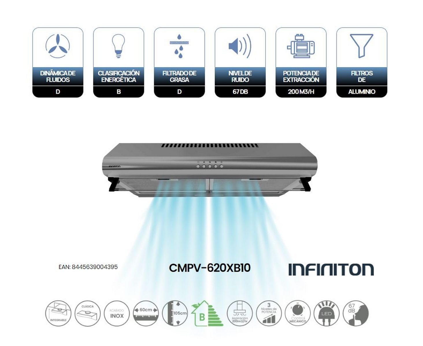 INFINITON Campana Extractora CMPV-620XB10, 200 m3/h, Ancho 60 cm, Altura especial de 105cm para su instalación, Luz LED incorporada,3 Niveles de potencia de succión, Inox