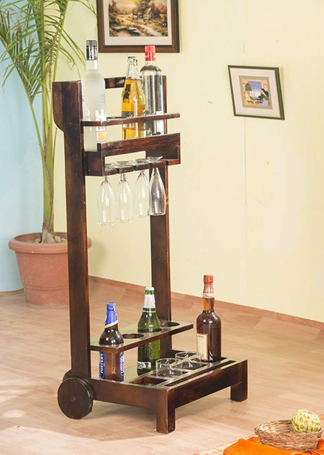 Solid Sheesham Wood Bar Trolley for Home | Wooden Bar Cart for Home | Wine Trolley with Glass & Bottle Holder | Brown Finish