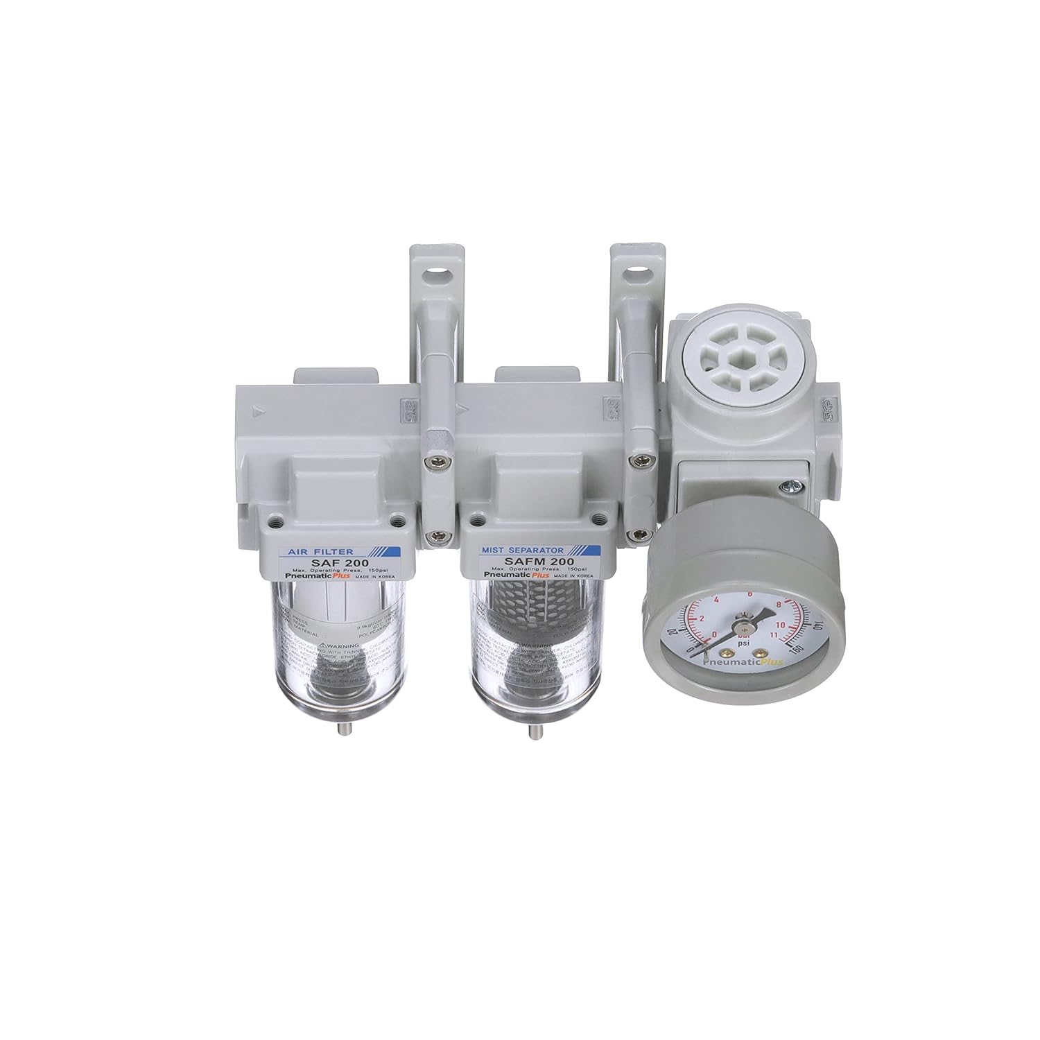 PneumaticPlus SAU230-N02G Three Stage Air Drying System, 1/4" NPT - Particulate Air Filter, Coalescing Filter, Air Pressure Regulator Combo - Poly Bowl, Manual Drain, Bracket, Gauge - Image 4