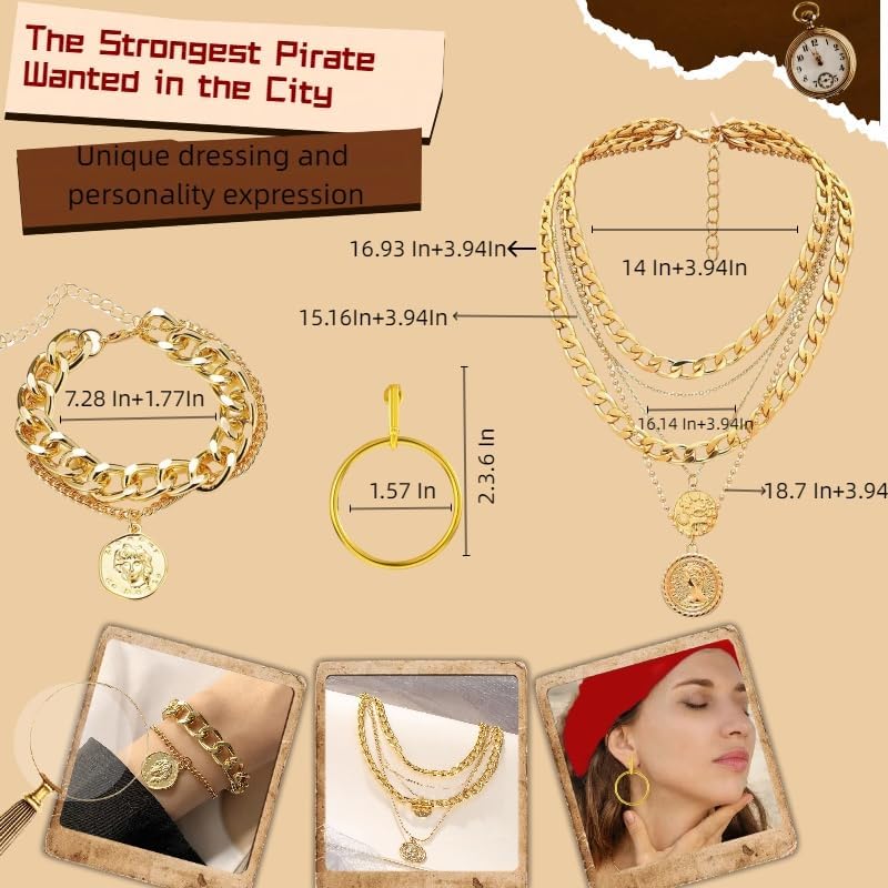 9PCS Pirate Costume Accessories Women with Head Scarf Wrap Pirate Eye Patch Sash Belt Necklace,Bracelet,Binocular,Coins - Image 6