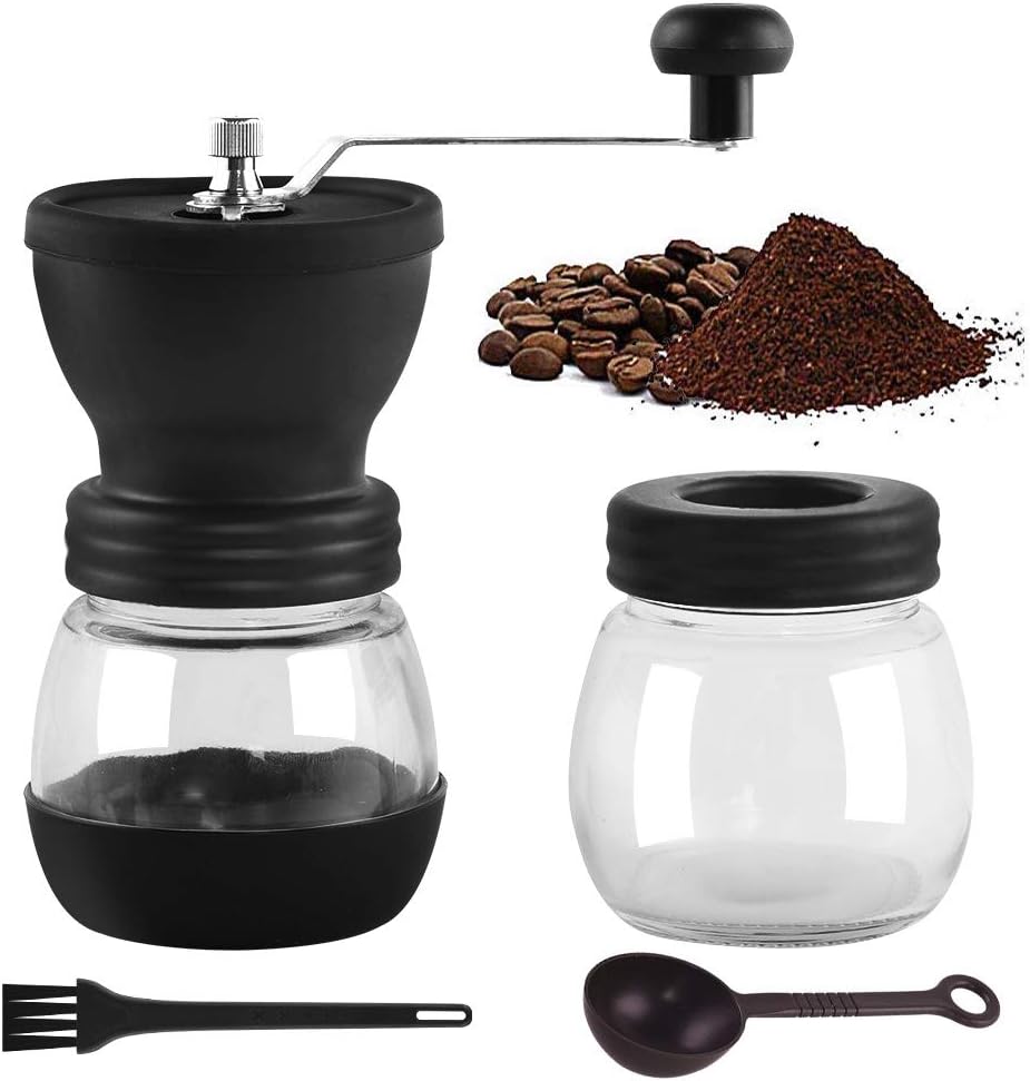 Premium Manual Coffee Grinder,Portable Coffee Bean Mill with Adjustable Ceramic Burrs,Cleaning Brush,Glass Storage Jars,Silicone Non-Slip Mat,Silicone Dust-Proof Cover for Beans,Easy to Clean (Black)