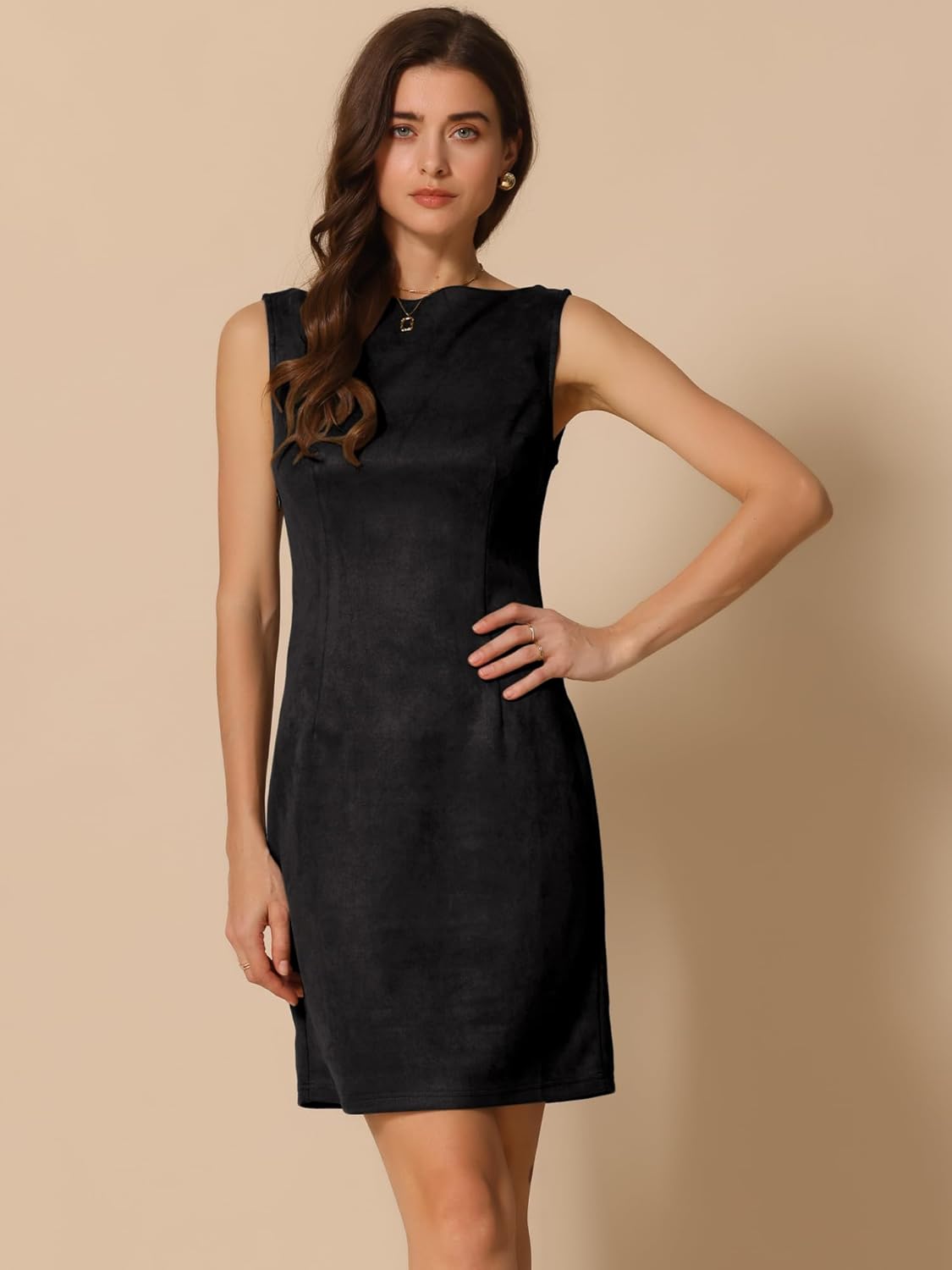 Allegra K Faux Suede Dress for Women's Boat Neck Sleeveless Sheath Dresses - Image 4