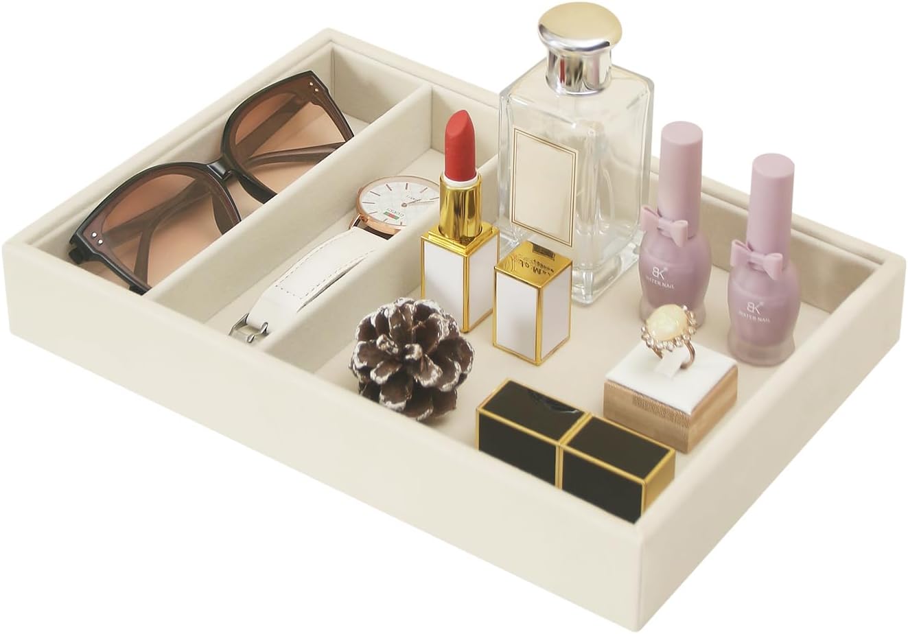 Bedside Organizer - Multi-use Holder for Desk Drawer, Nightstand, Desktop - Catchall Tray for Jewelry, Sunglasses, Phone, Watch, Perfume, Lipstick (Beige 5Grid)