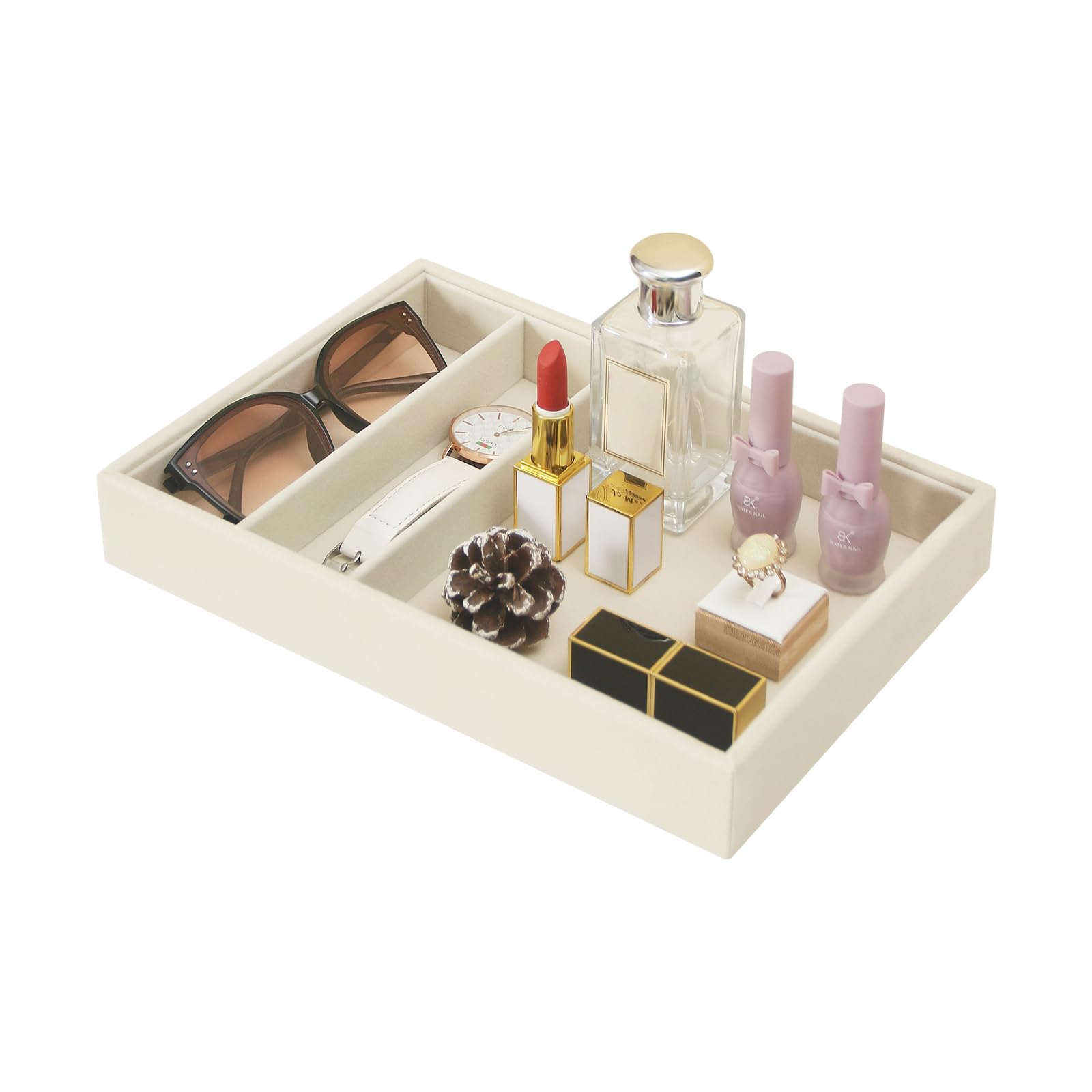 Bedside Organizer Tray, Desktop Storage Tray for Jewelry, Sunglass, Phone, Watch, Perfume,Lipstick, Nightstand Desk-top Catchall Tray, Multi-use Holder Tray for Desk Drawer (Beige 3Grid)