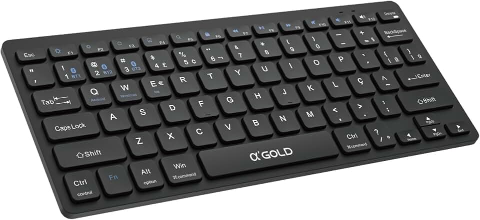 Teclado Sem Fio Bluetooth 5.0 a Pilha a'GOLD Slim ABNT2 – Conexão Tripla BT1/BT2/BT3, Super Silencioso, Ideal para Notebook, Tablet e Celular, Compatível com Windows, Android e iOS