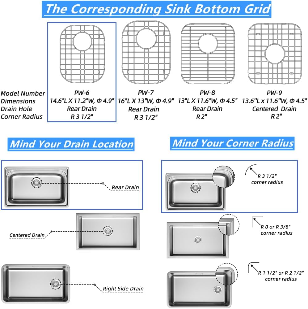 Kitchen Sink Bottom Grid Protector 14.6"L X 11.2"W, Stainless Steel Sink Grate with Rear Drain Universal Metal Sink Rack for Kitchen Double Bowl Sink, 2Pack