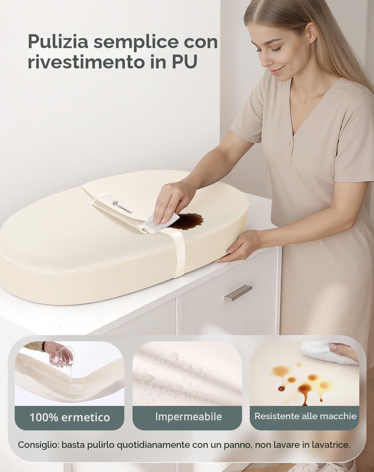 COMOMY Materassino Fasciatoio in Pelle Vegana, 80 x 40 cm, Impermeabile e Lavabile, con Cintura di Sicurezza e Design Antiscivolo, Morbido Cuscino per Fasciatoio Leggero (Beige)