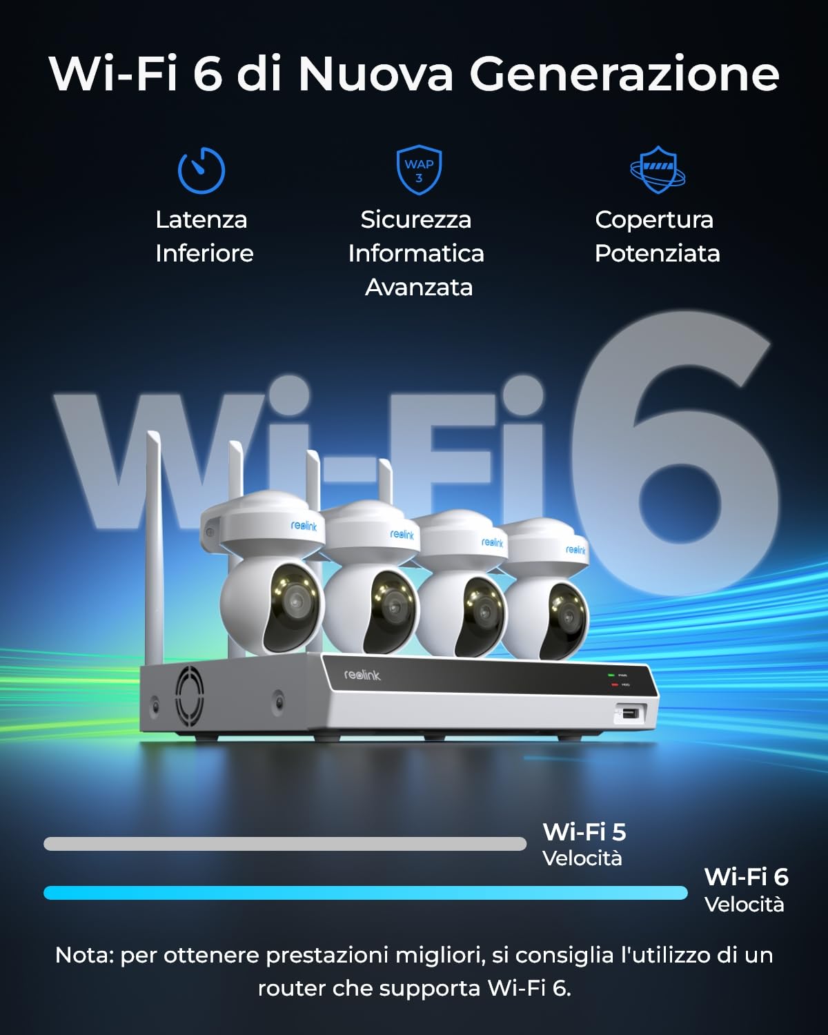 Reolink Sistema di telecamere Wi-Fi 6 PTZ 4K, 4 telecamere WiFi esterne, pan 355° e tilt 50°, tracciamento movimento, rilevamento smart, notturna a colori, NVR Wi-Fi 12 canali HDD 2TB, RLK12-800WPT4