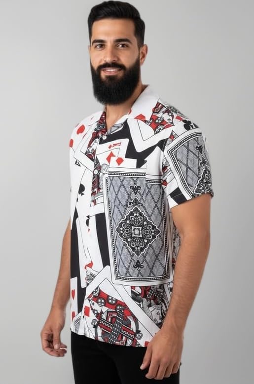 Men’s Playing Card Print Button-Up Shirt with Hearts Clubs Spades Diamonds | Bold Short Sleeve Collared Casual Top | Statement Fashion (White, Red, Black)