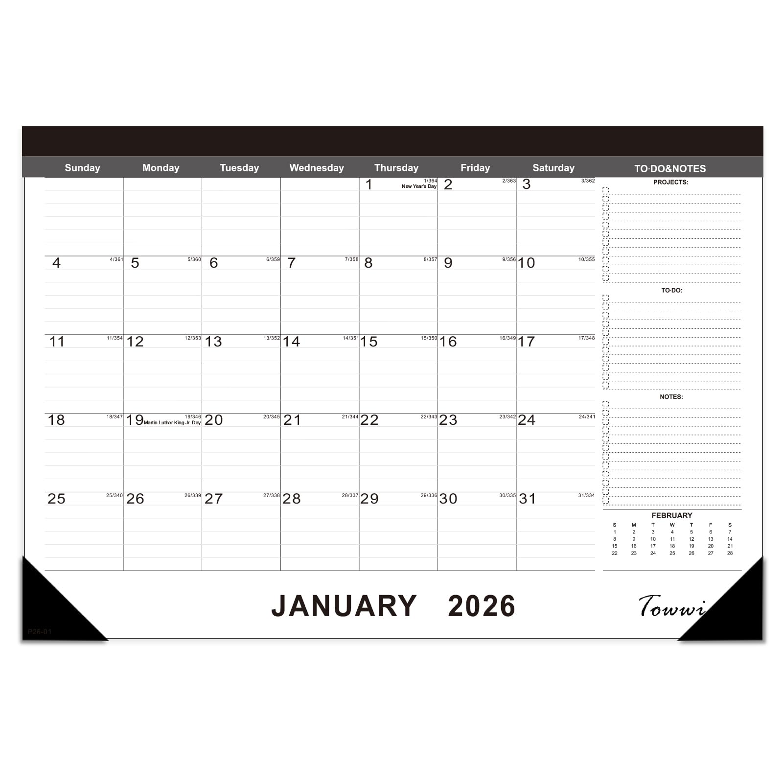 TOWWI Desk Calendar 2026, Large Wall or Desktop Monthly Calendar for Daily Schedule, Office, Home - 16.7x11.6 inches (Black)