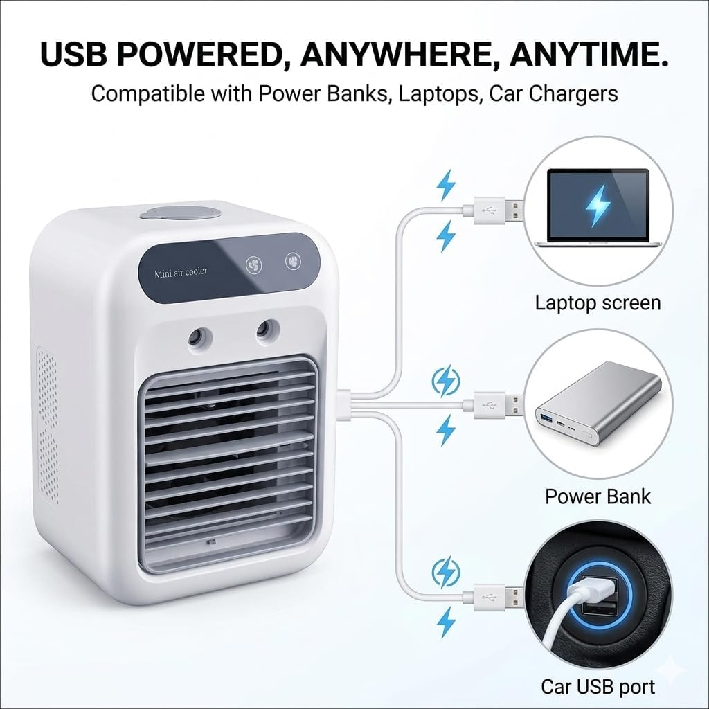 Portable Air Conditioner Water Cooled Evaporative Cooler | Low Energy Consumption, 500ml Water Tank, Long Lasting Spray, Desktop Cooling Fan, For Home Camping Car Office