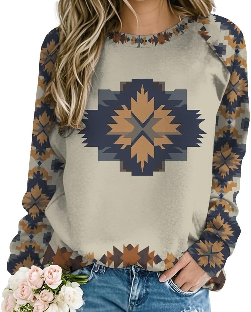 ZOCANIA Western Clothing for Women Aztec Long Sleeve Sweatshirt Crewneck Graphic Sweatshirts Casual Vintage Pullover Top