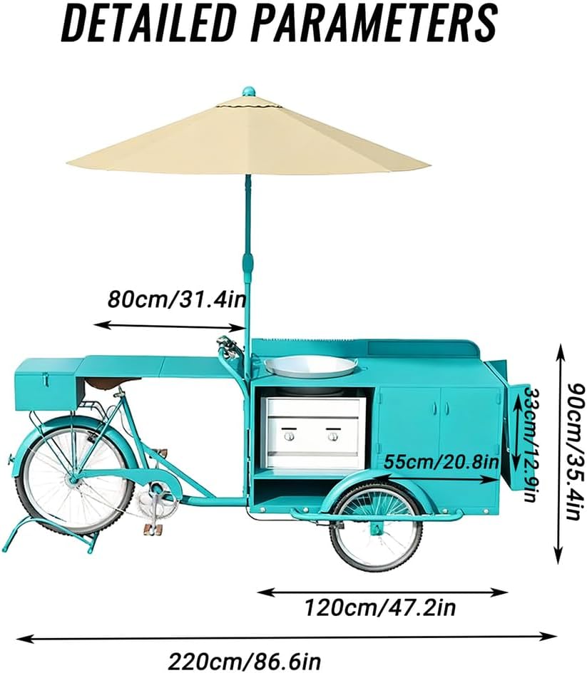 Tricycle Vending Cart Wagon Flower Cart, Mobile Tricycle for Setting up a Stall with Pedals Mobile Fast Food Truck with Storage Compartments and Parasol, for Pedestrian Streets,E