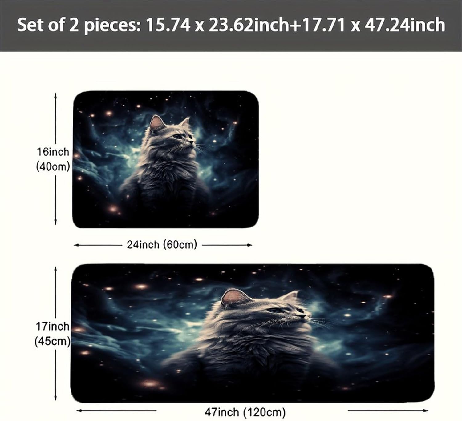 A Cat in A Nebula Kitchen Mat Washable Non Slip Rugs Soft Kitchen Mats for Floor Set of 2 PCS Cushioned Absorbent Runner Standing Rugs for Home Sink Laundry Office