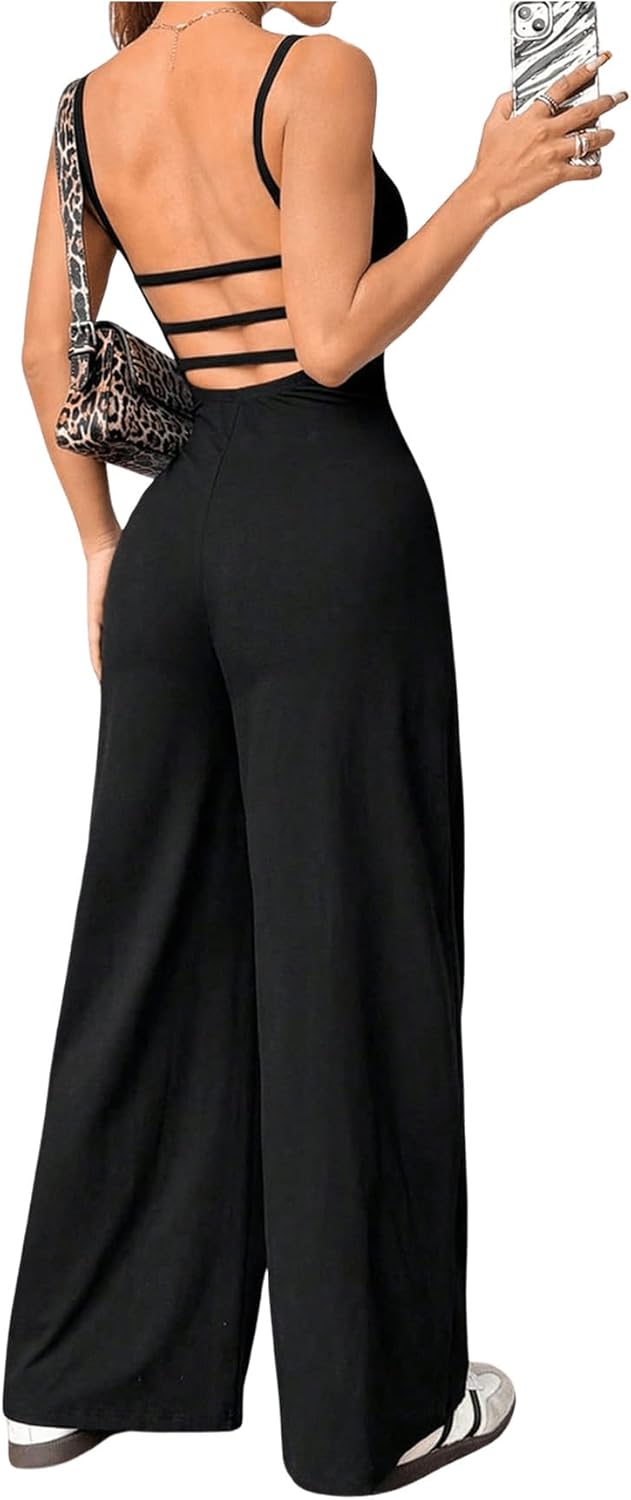 OYOANGLE Women's Backless Sleeveless Jumpsuits Wide Leg Rompers Spaghetti Strap Overalls Summer Outfits