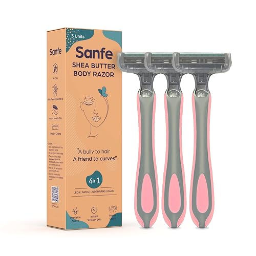 Sanfe Shea Butter Body Razor for Women's Hair Removal-Pack of 3 with New No Cut & Bumps Technology | Safe Titanium Blades | Comfortable Grip | Safe For Bikini Area | Instant & Pain-Free Hair Removal | Protective Sleeve and Anti-Slip Grip.