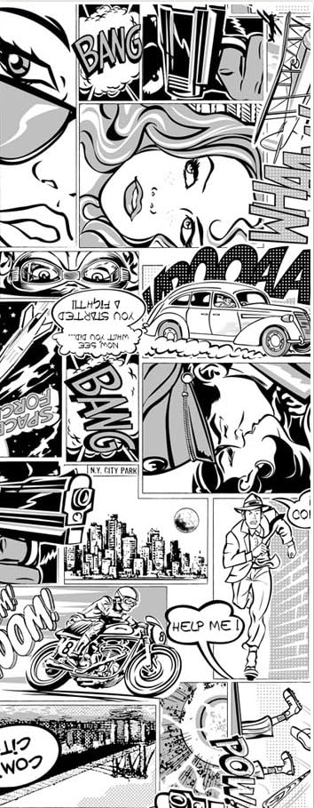 Tela COMIC, de Loneta Estampada, Comic en Blanco y Negro, 275 cm de Ancho, 50% Algodón - 50% Poliéster