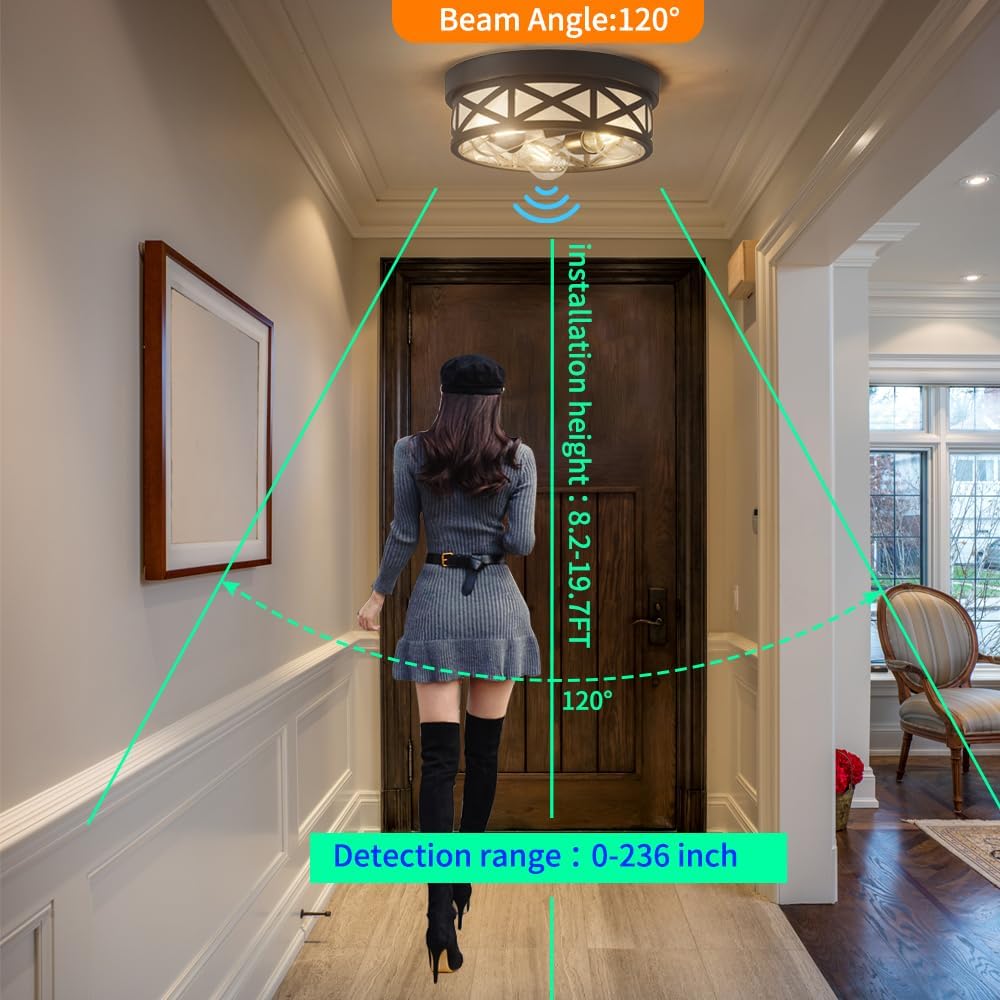 Adjustable Motion Sensor Flush Mount Ceiling Lights,3-Light Outdoor Ceiling Light Fixture for Entryway,Hallway,Porch,Patio,Storage Room and Garage,12 inch Round Matte Black Metal Modern Ceiling Lamp