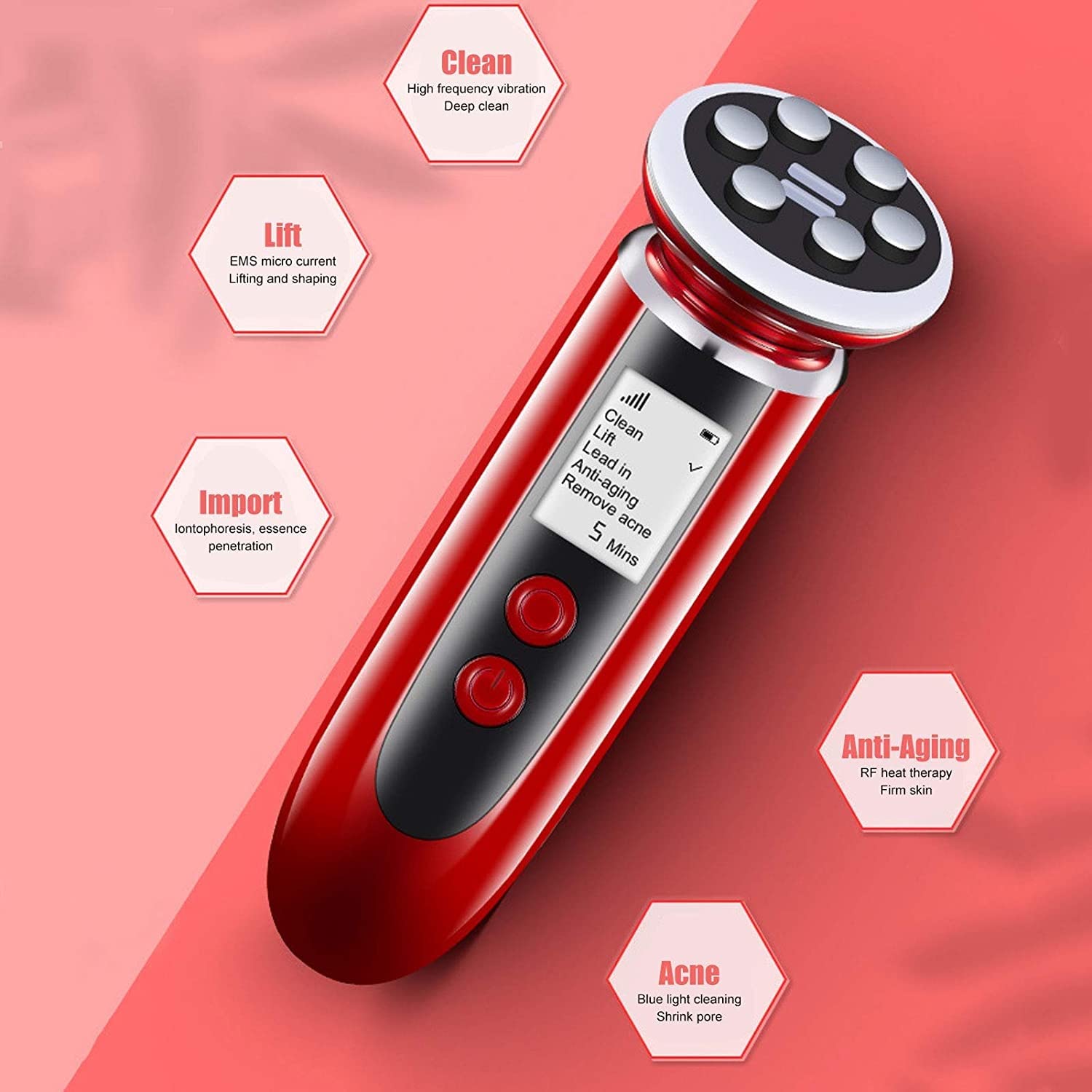 X&Z-XAOY Dispositivo De Belleza RF Masajeador Facial Eléctrico, Máquina De Cuidado De La Piel De Alta Frecuencia para Limpiador Facial Antienvejecimiento, Rojo