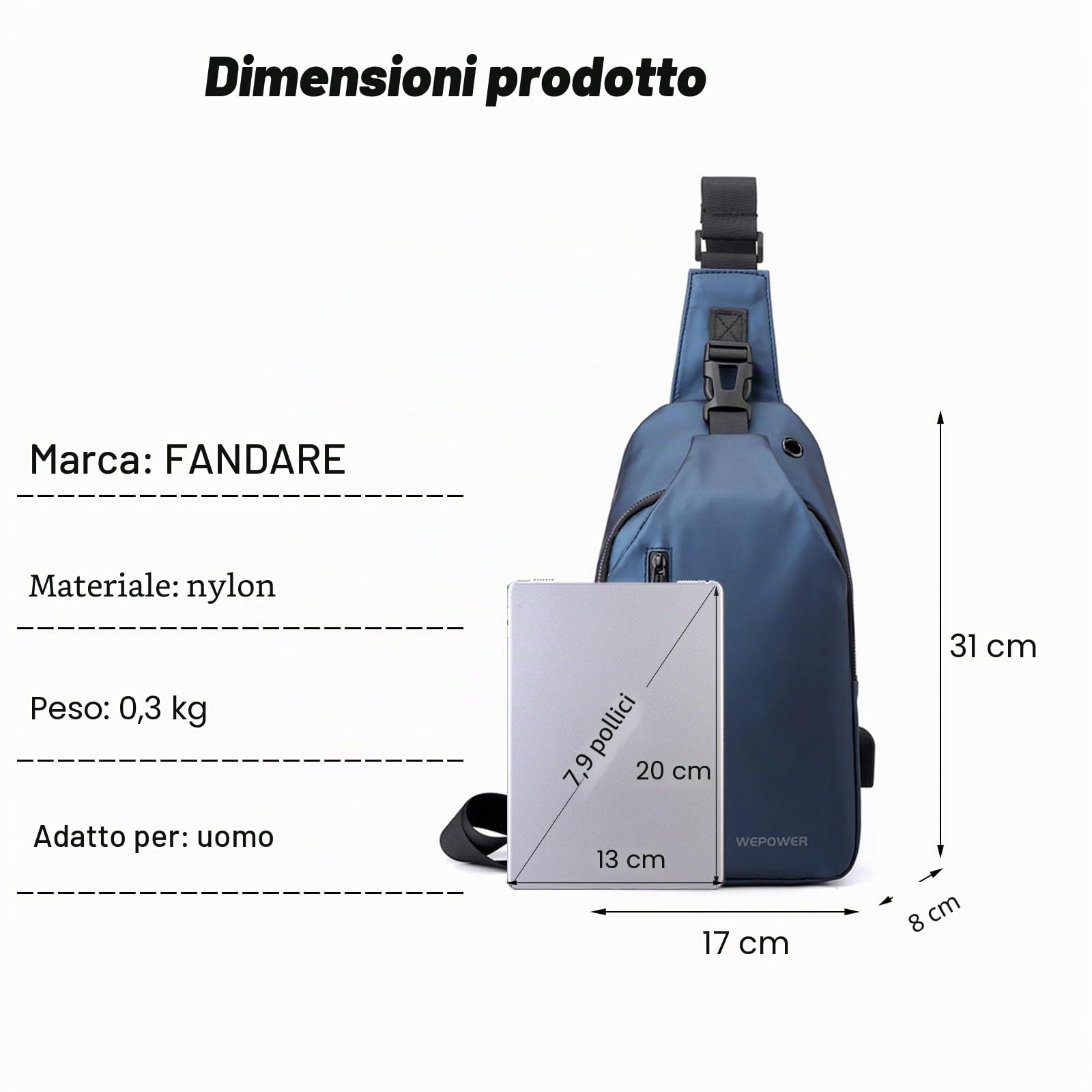 FANDARE Zaino Monospalla Borsello Uomo Tracolla con Foro per Auricolari & USB - Marsupio Borsa a Spalla Blu Scuro