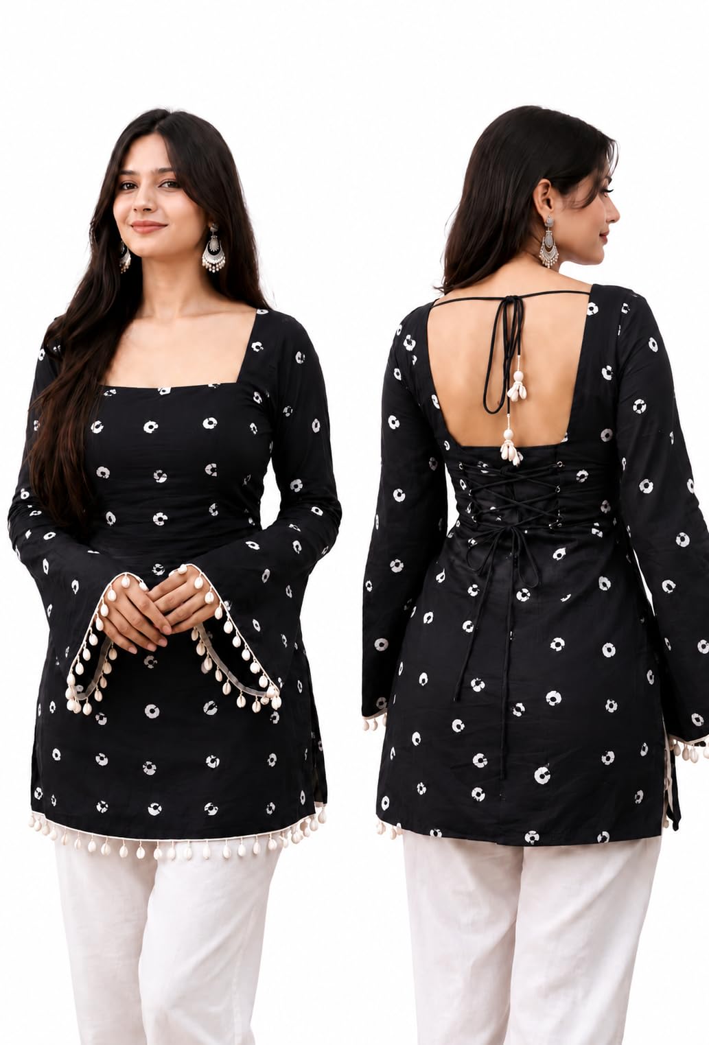 Women's Rayon Printed Short Kurti | Square Neck | Bell Sleeves | Lace-Up Back Design with Pom Pom Lace | Casual Ethnic Top for Daily Office College Wear-picture-13