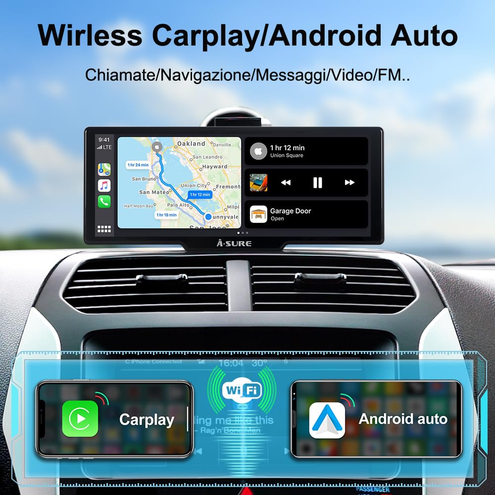 ACAVICA Schermo CarPlay Auto 9.26" Wireless CarPlay & Android Auto - Dashcam 4K, Retrocamera 1080P, TF 64GB, Bluetooth 5.0, WiFi 5GHz, Split Screen - Display multifunzione per auto 12-24V