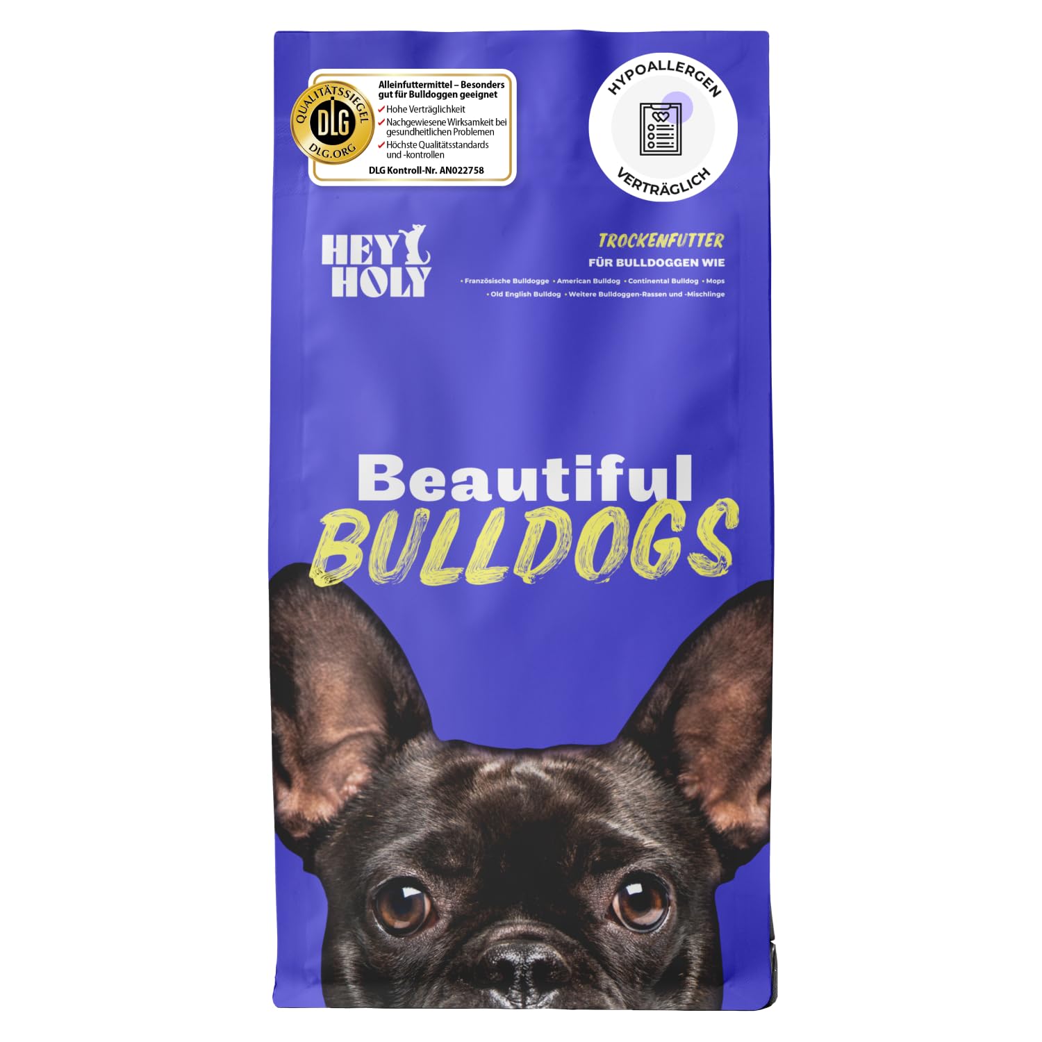 HEY HOLY Premium Trockenfutter für Bulldoggen 100% getreidefrei | 7kg hypoallergenes Hundefutter für ausgewachsene Bulldoggen mit Lachs | Hochverträglich aus natürlichen Zutaten