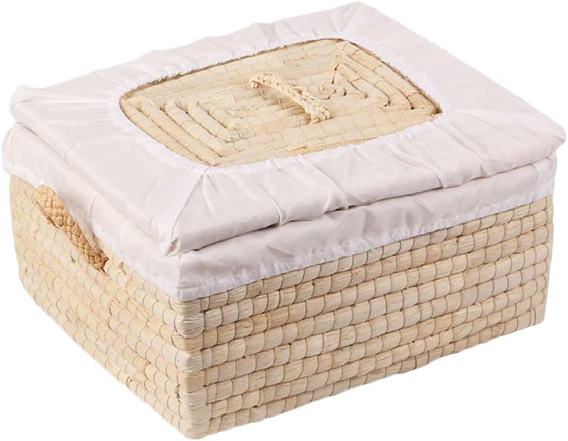 Straw Woven Bread and Egg Basket with Lid, 25x30x14cm Insulated Food Storage Basket for Home Kitchen Dining and Bun Serving