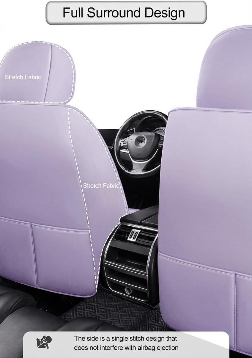 Cute Bunny Seat Cover 5 Set with Waterproof PU Leather for Cars SUV Pick-up Truck Universal Fit Set (Purple)