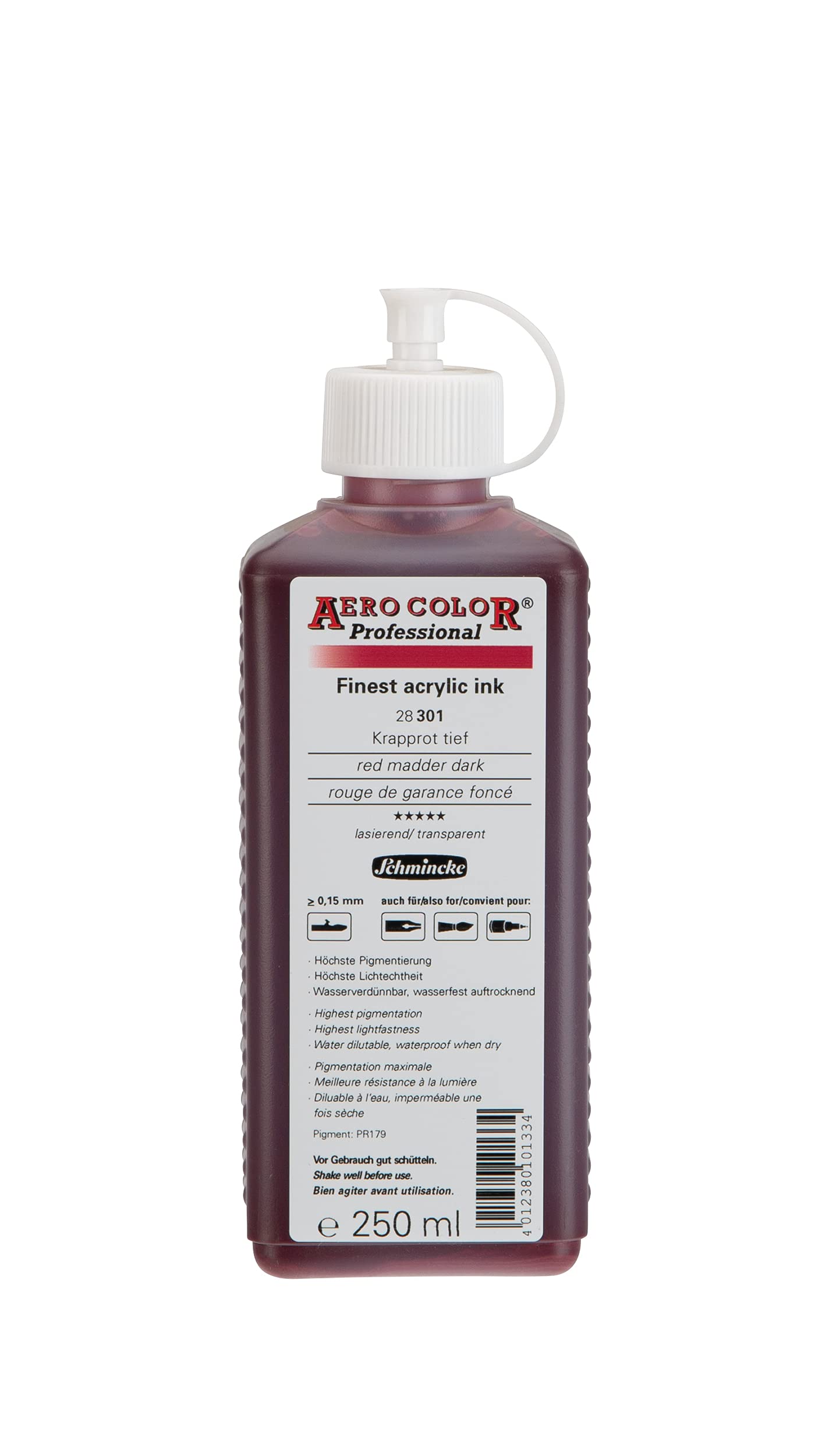 Schmincke - AERO COLOR® Professional, Red madder dark 250 ml, 28301027, highly liquid, highly brilliant acrylic colour for acrylic painting, airbrush, mixed media, acrylic ink