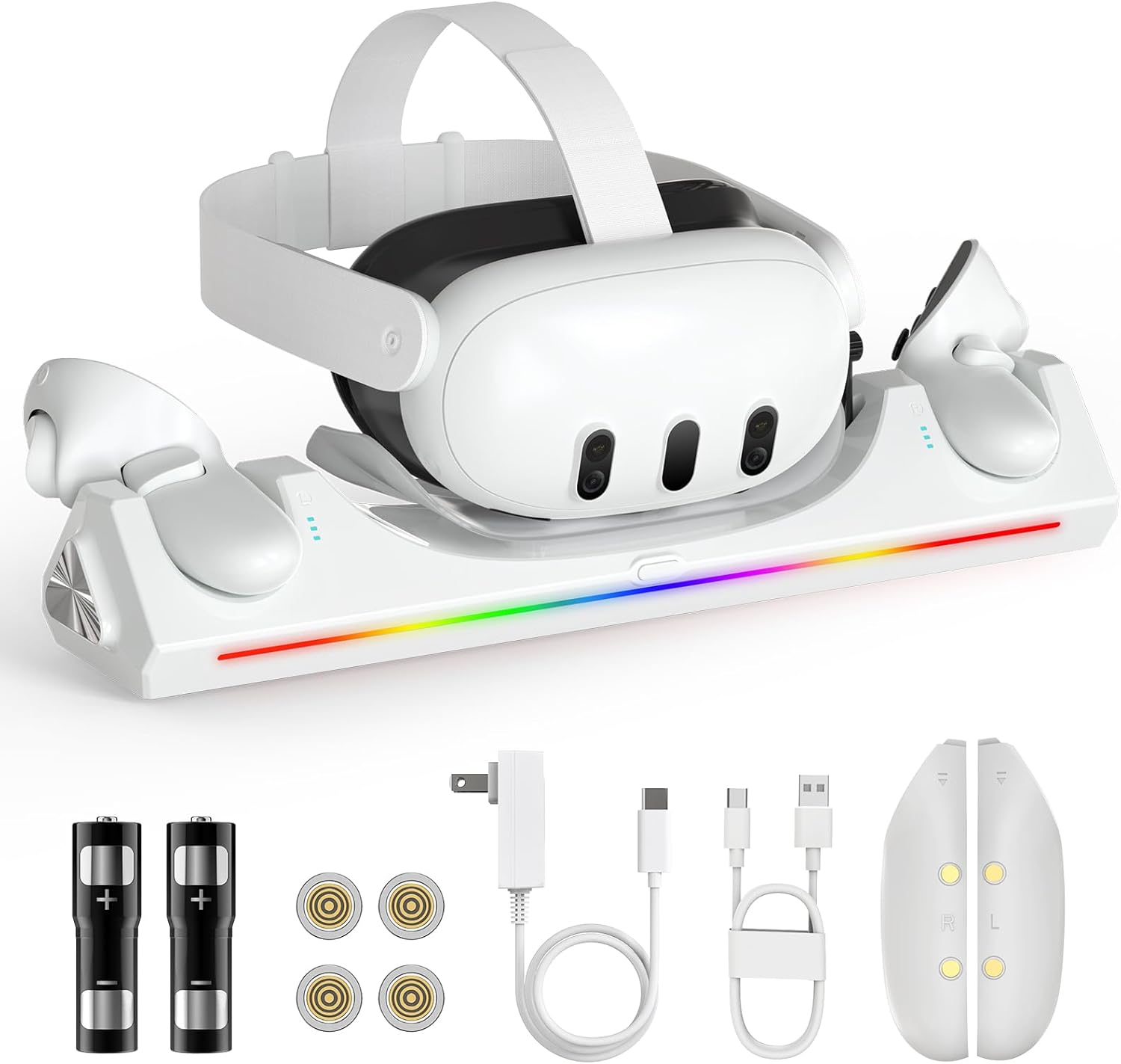 Charging Dock for Oculus Quest 3, Magnetic Charging Station for Meta Quest 3 VR Headset & Controllers, with 2 Rechargeable 2100mAh Batteries, USB-C Charger and Cable, Supports LED Indicator