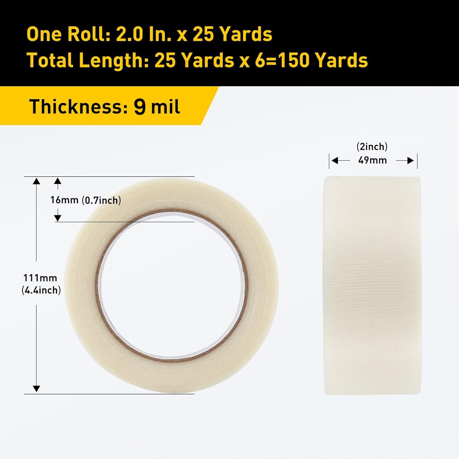 Lichamp - Nastro adesivo trasparente, resistente, impermeabile, confezione da 6, 2 x 25 m x 9 mil per rotolo, A206TP
