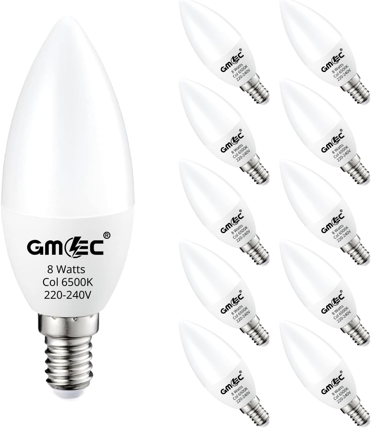 GMEC E14 LED Candle Bulbs 8W Cool White 6500K – E14 SES Small Screw LED Light Bulbs – Bright Daylight Candle LED Bulbs for Home & Office - 10 Pack