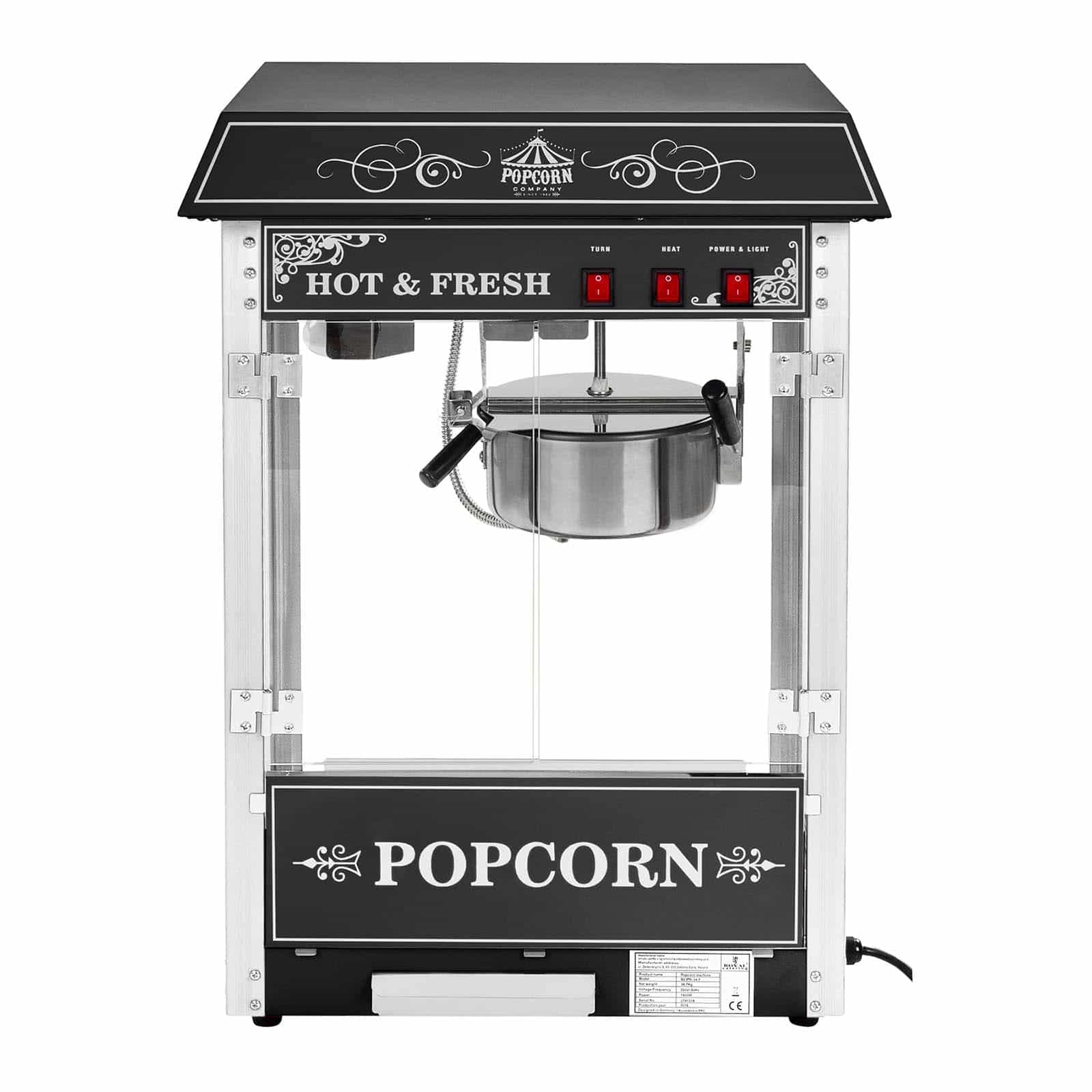 Royal Catering Maszyna do popcornu w stylu retro, czarna, 1600 W, 5 kg/h, podświetlane wnętrze, funkcja ogrzewania, wyjmowany garnek z powłoką teflonową, szuflada na okruchy, maszyna do popcornu