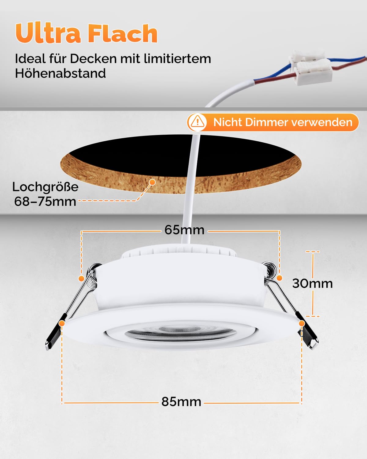 wowatt 6er LED Einbaustrahler 3 Stufen Dimmbar, 6W LED Spots 230V Schwenkbar 3000K Warmweiß 4000K Neutralweiß 6000K Kaltweiß, Deckenspots Weiß 68mm Lochmaß, IP44 Einbauleuchten Flach für Badezimmer