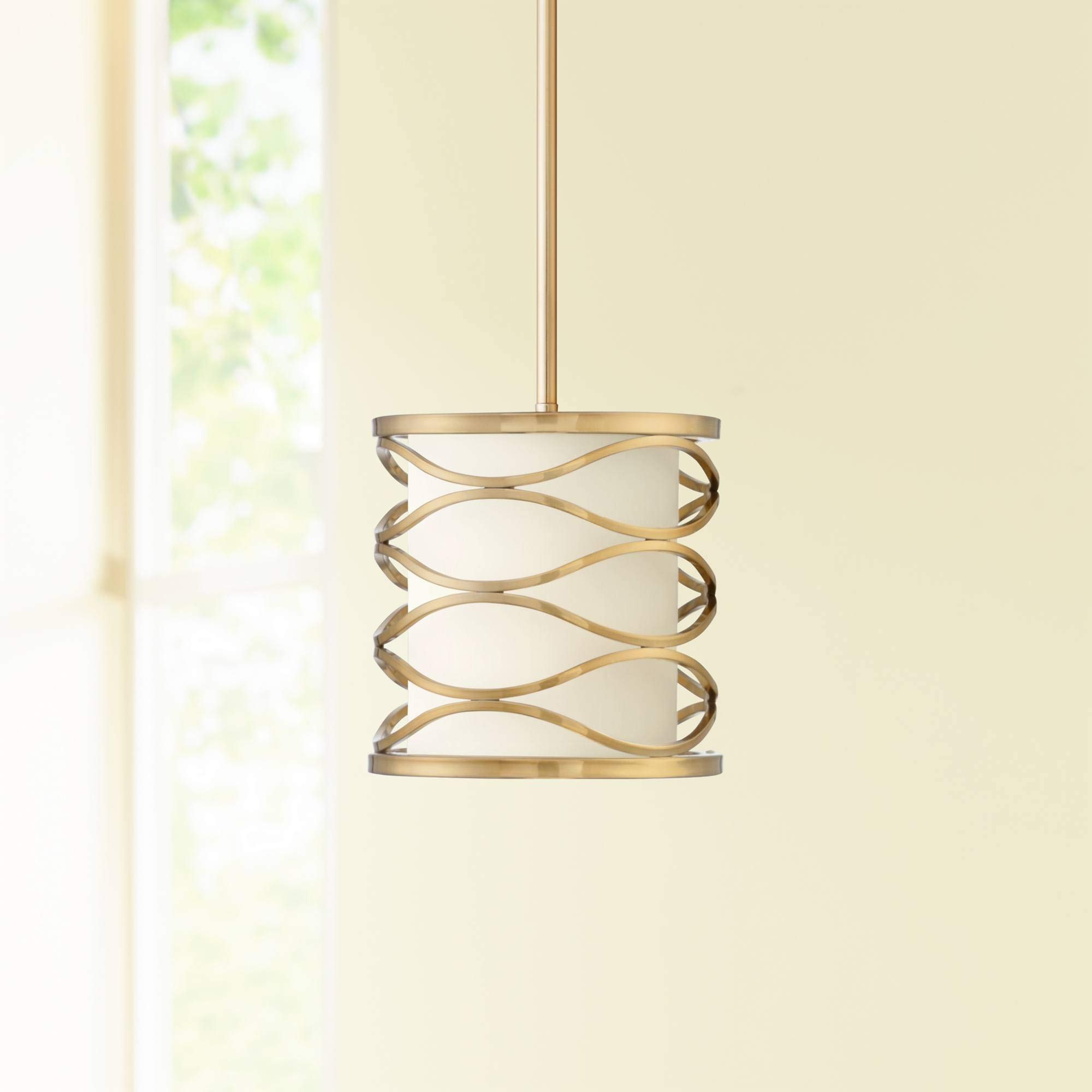 Possini Euro Design Austen Gold Mini Pendant Light Fixture 8" Wide Modern Openwork Wave Frame White Fabric Drum Shade for Dining Room House Entryway Bedroom Kitchen Island Hallway High Ceilings